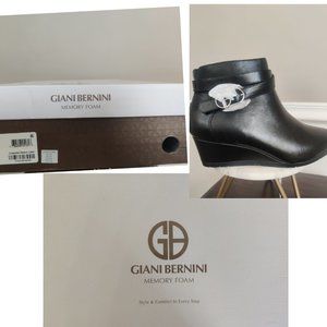 Black leather wedge bootie